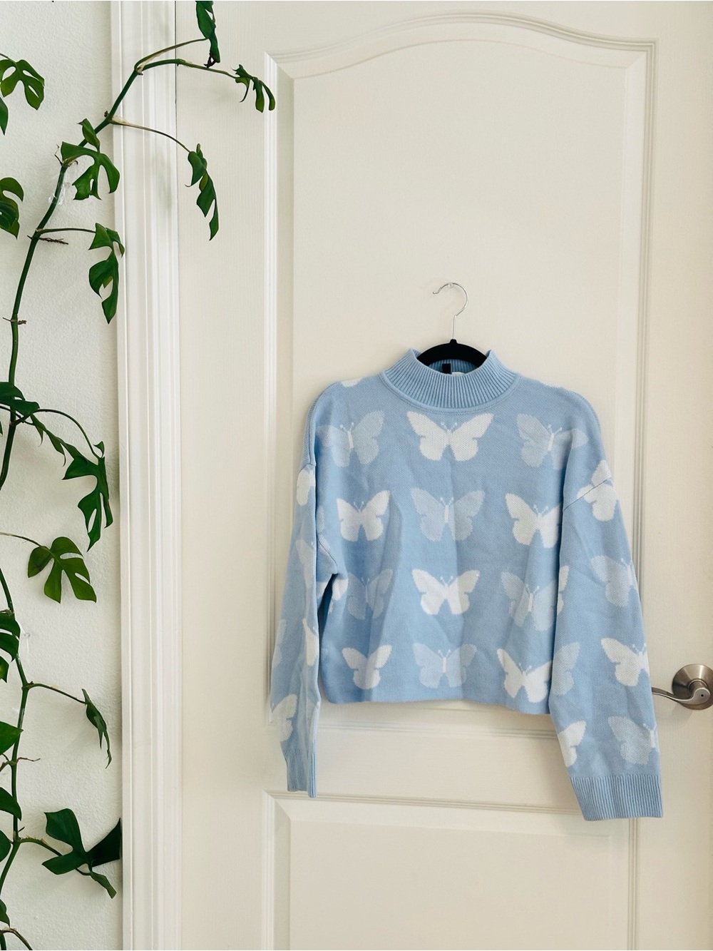 H&M Light Blue & White Butterfly Turtleneck Sweater